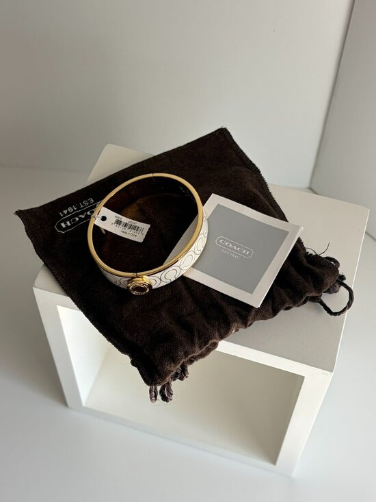 Jewelry - NWT Coach Gold Signature C 1" Wide Hinged Bangle Bracelet Dust Bag